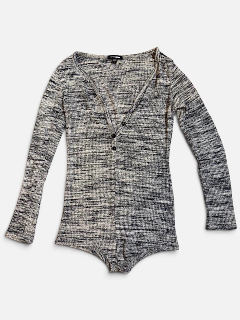Fashion Nova Women's Gray Heather Long Sleeve Button V-Neck Stretch Bodysuit S